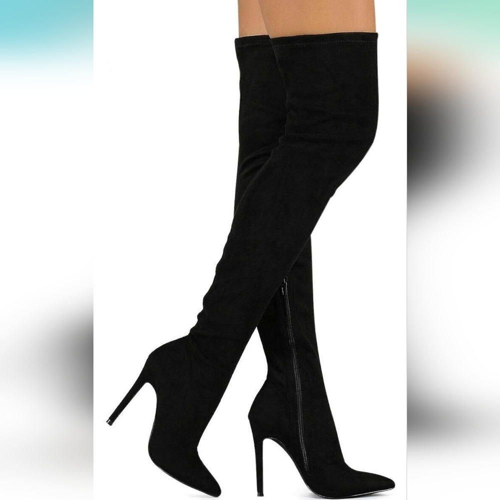 Gisele-7 Thigh High Stretchy Suede Material Pointy Toe Stiletto Heel Boots